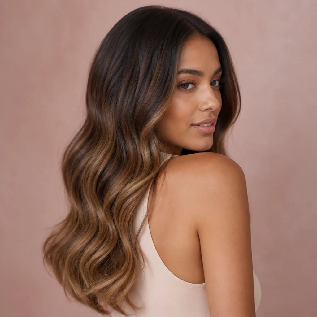Three-quarter back view of a smooth color melt from deep mocha roots into warm toffee ends on long wavy hair