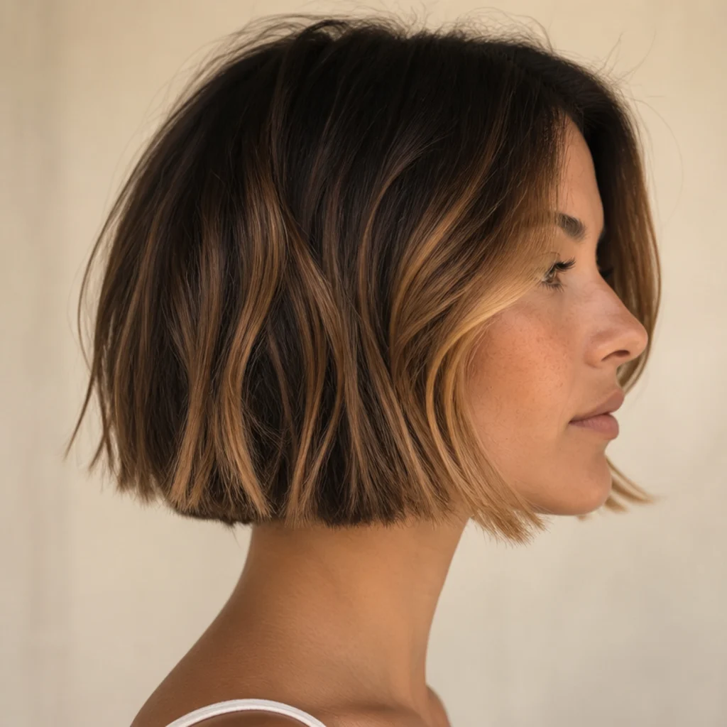 Side view of a chin-length dimensional brunette bob with warm caramel highlights framing a blunt cut
