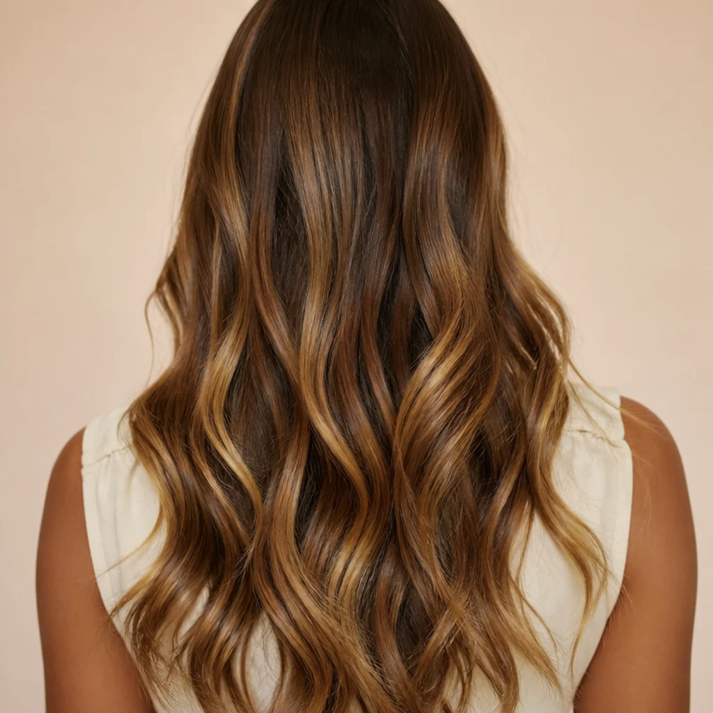 Back view of long hair with thick golden ribbons hand-painted through a rich chestnut base for glamorous movement