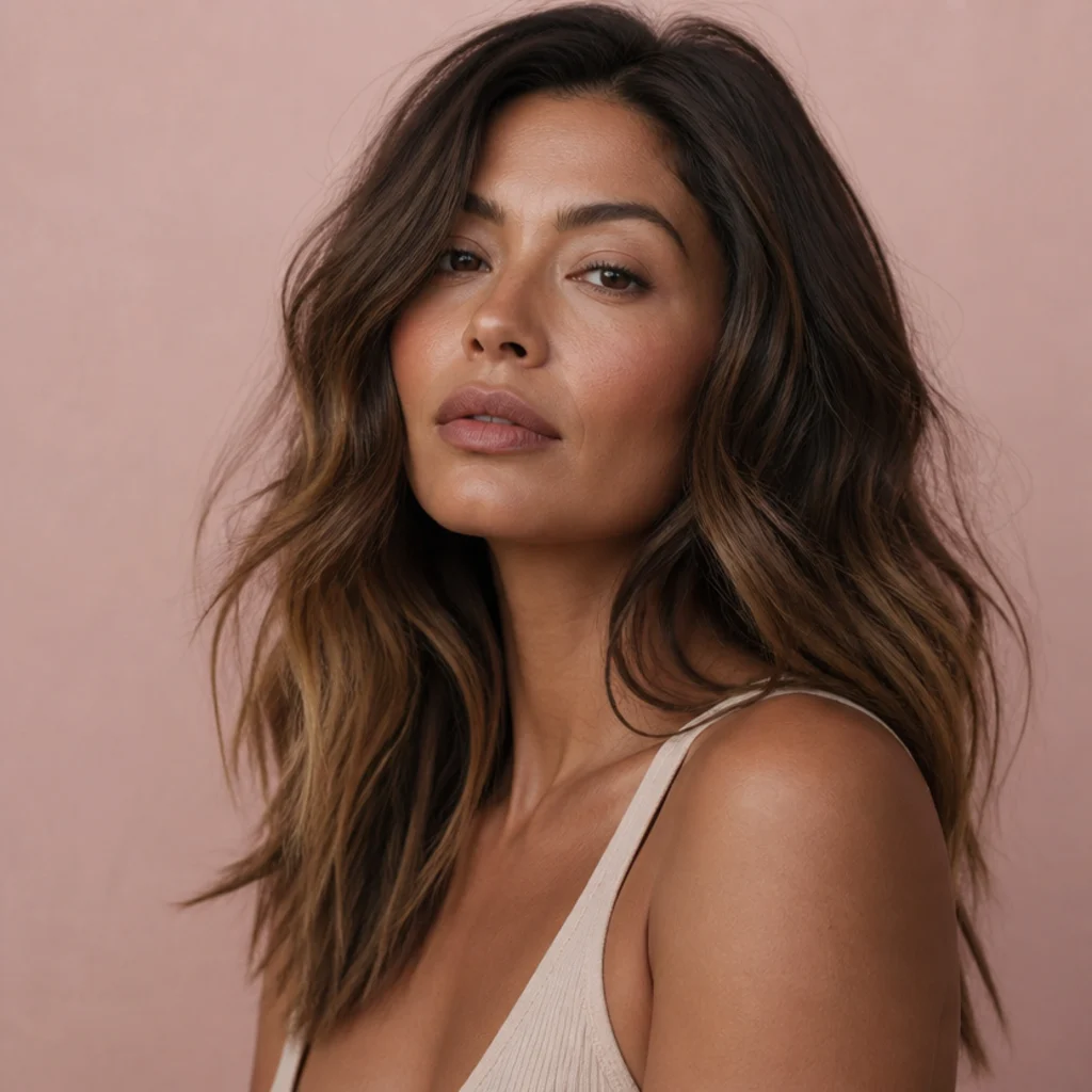 Three-quarter view of brunette hair with lighter sun-kissed warm ends fading gradually from a deep root