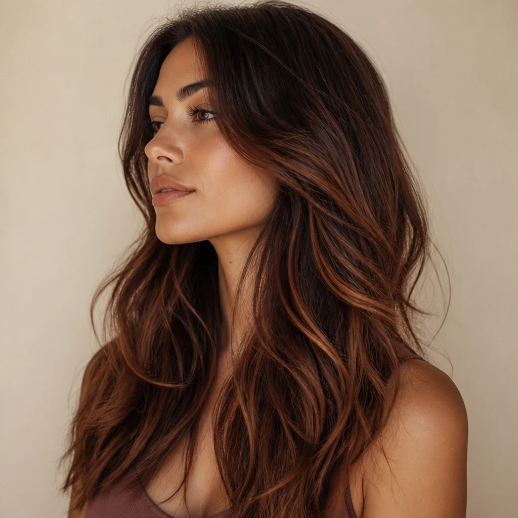 Side view of dark brunette hair with warm cinnamon tones glowing red-warm through the lengths in soft light