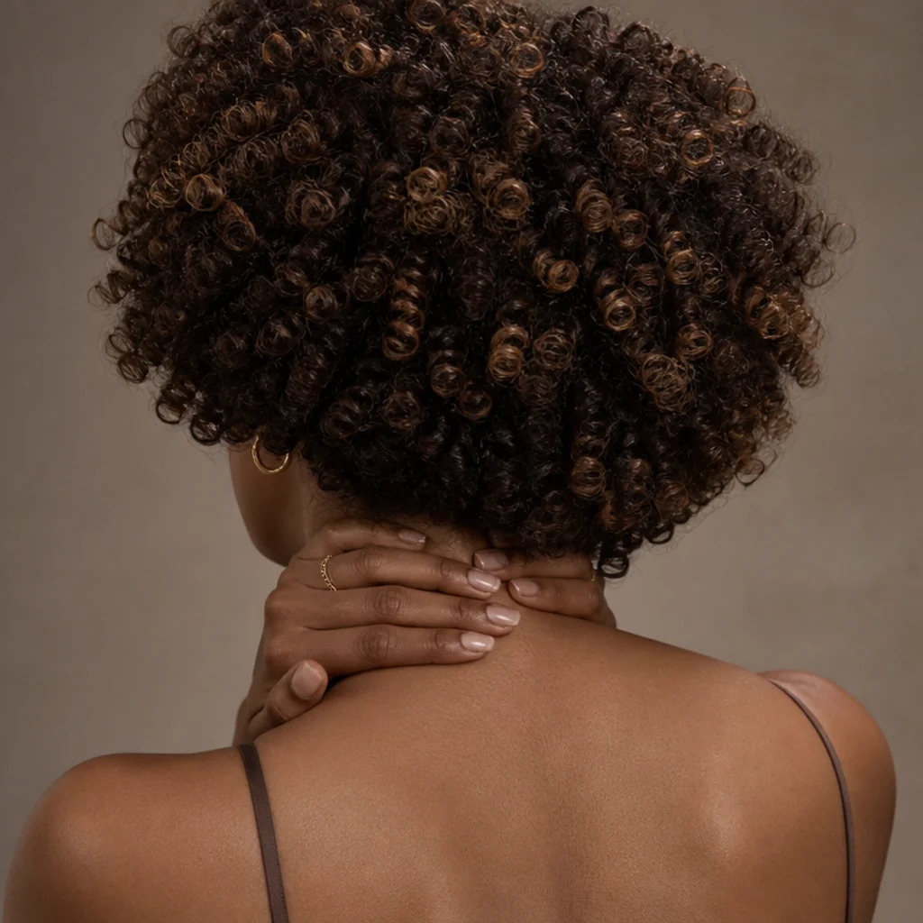 Back view of natural curls in a multi dimensional brunette with caramel and honey tones defining the coils