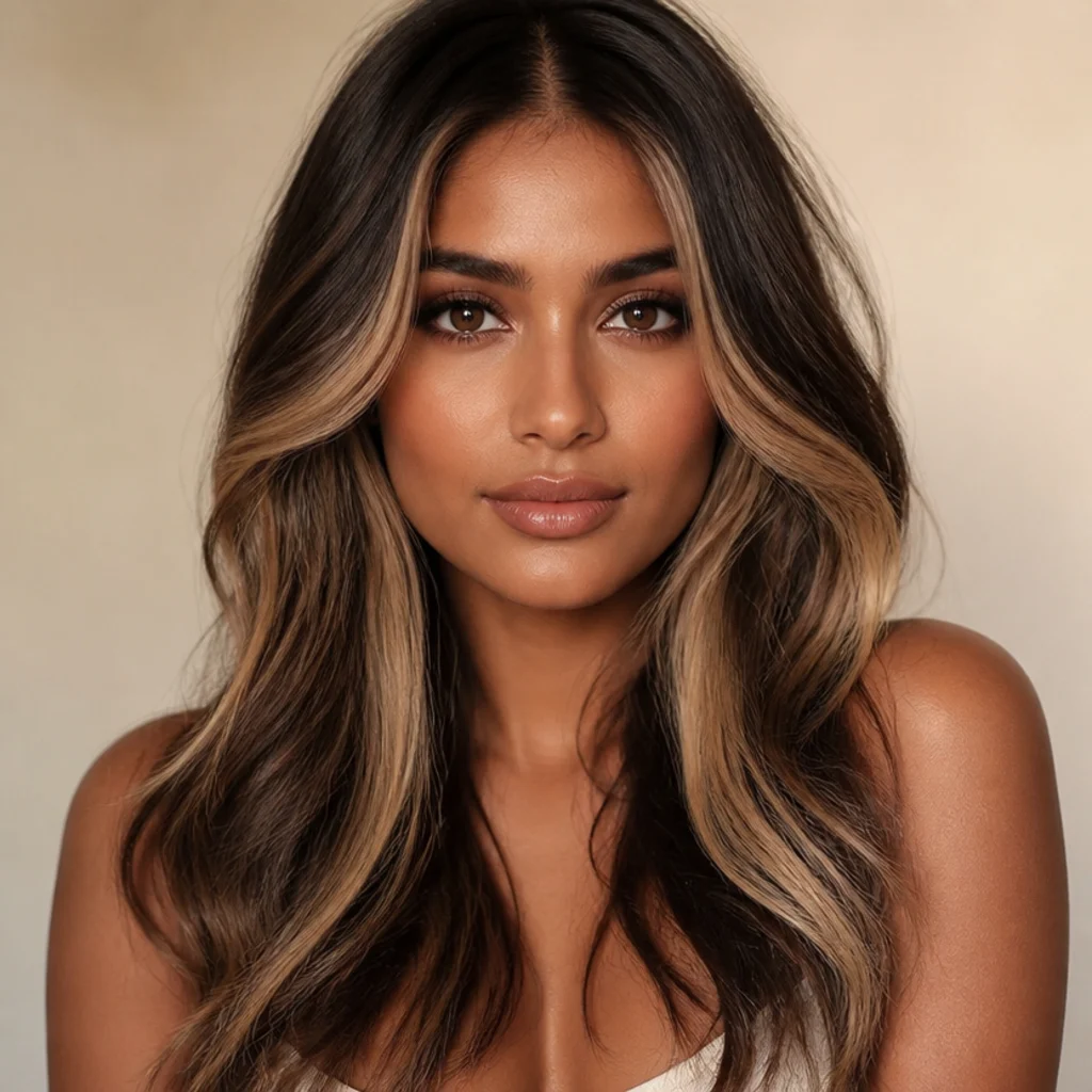 Front view of dark brunette hair with bright honey money pieces boldly framing both sides of the face