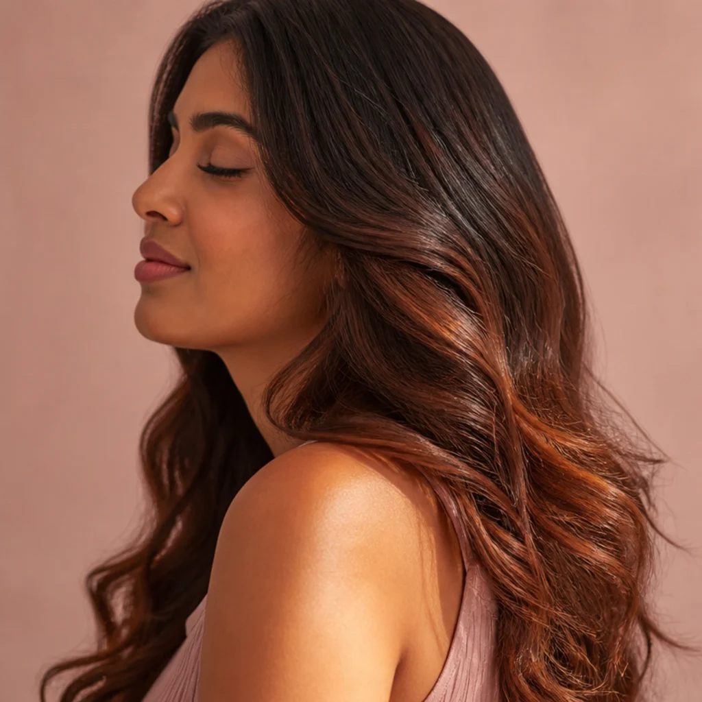 Side view of dark brunette hair with warm copper highlights catching bright light through the lengths