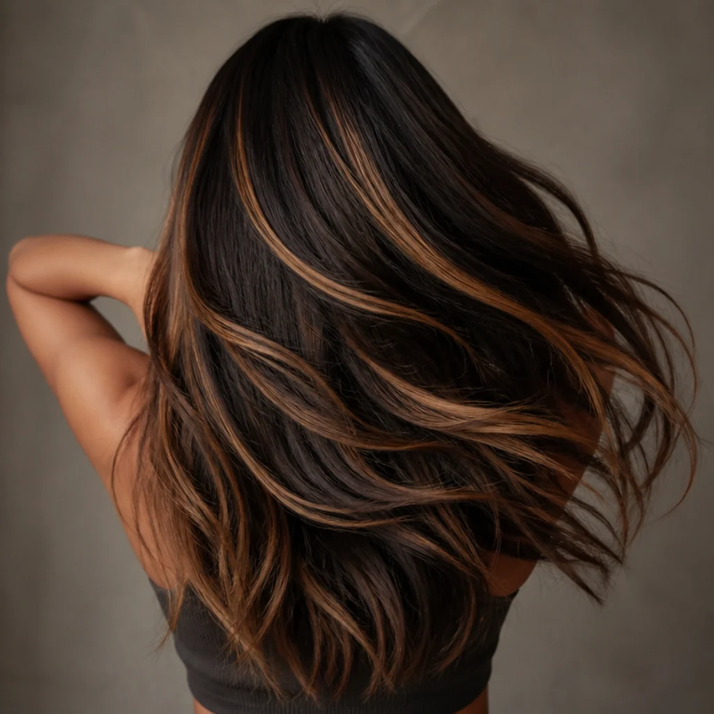 Back view of long brunette hair with bold high-contrast caramel ribbons sweeping through a deep base
