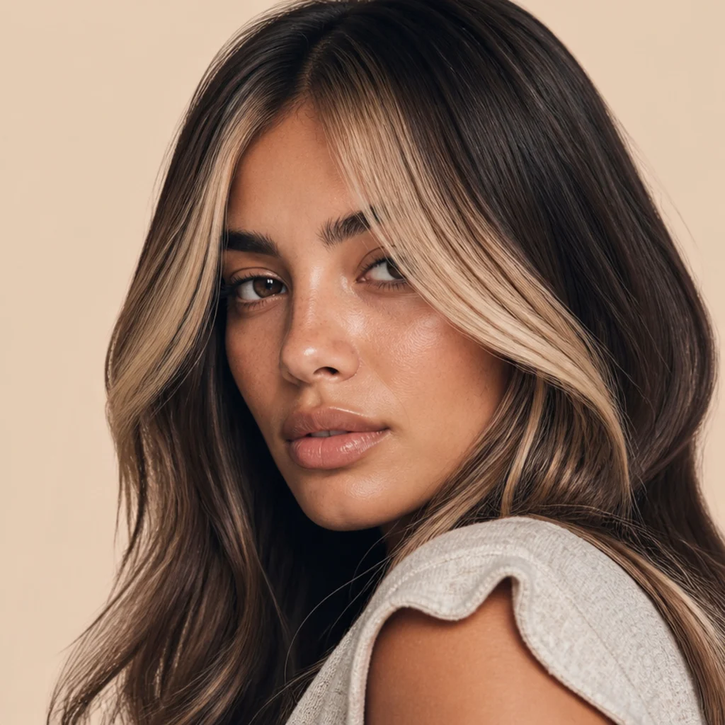 Front three-quarter view of brunette hair with chunky bright face-framing highlights making a bold modern statement
