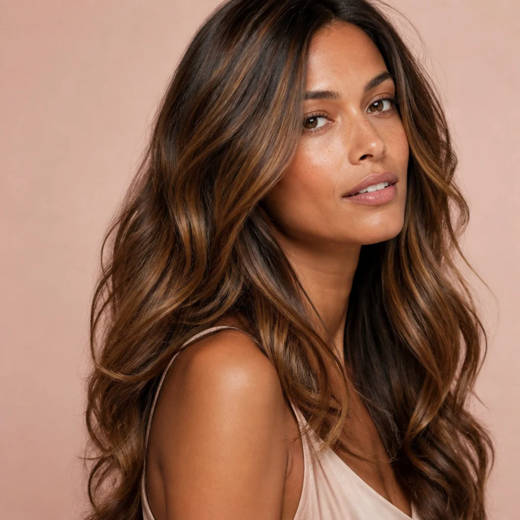 Three-quarter view of long hair in a full multi-tonal brunette blending caramel, honey, cinnamon and deep brown for maximum dimension