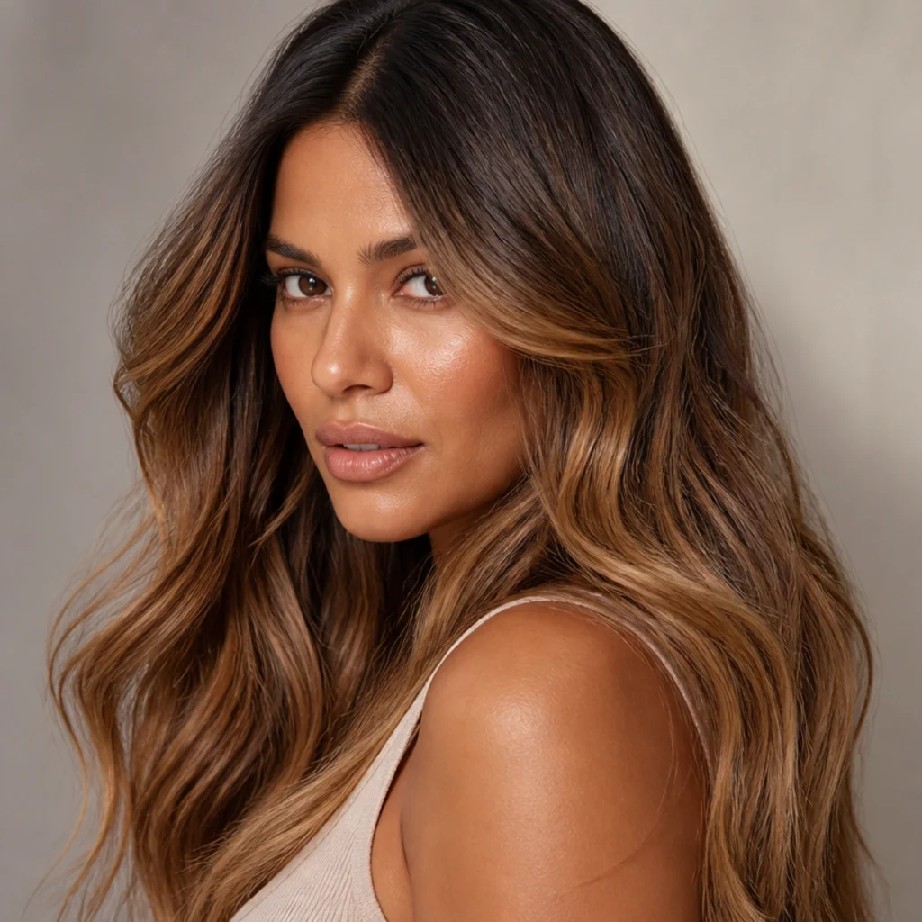 Three-quarter view of a brunette model showing soft-to-bold warm dimensional color from a deep base into caramel lengths