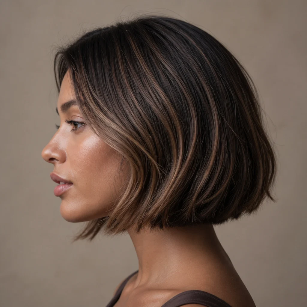 Side view of a warm caramel ribbon bob on medium skin with soft caramel streaks woven through a chocolate base