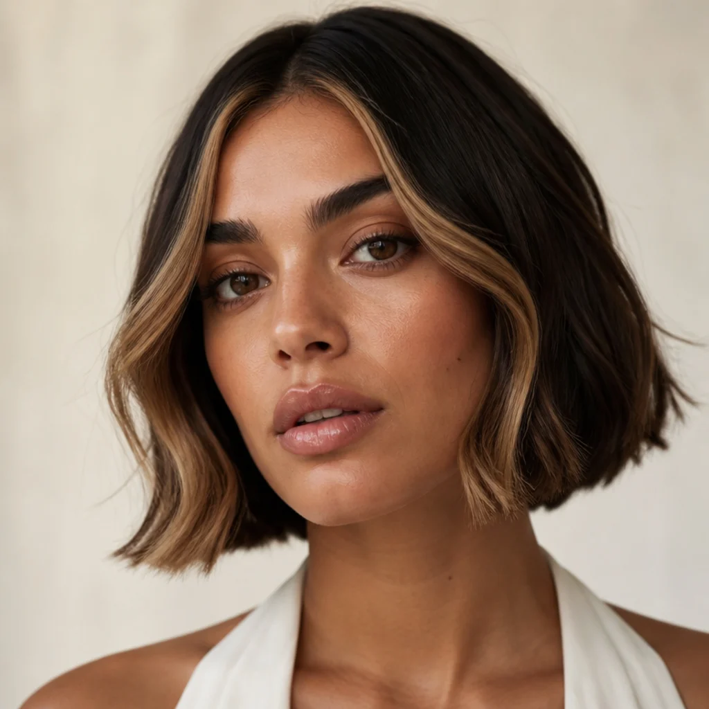 Front view of a chin-length bob with bright caramel money pieces framing the face