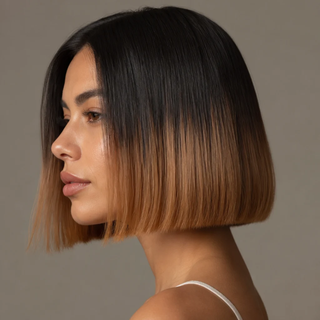 Side profile of a bob melting from espresso roots into soft toffee ends