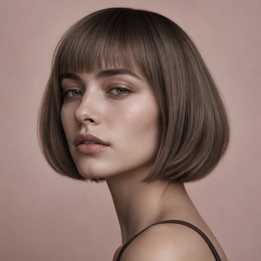Three-quarter view of a cool mushroom brown bob with soft taupe and ash ribbons