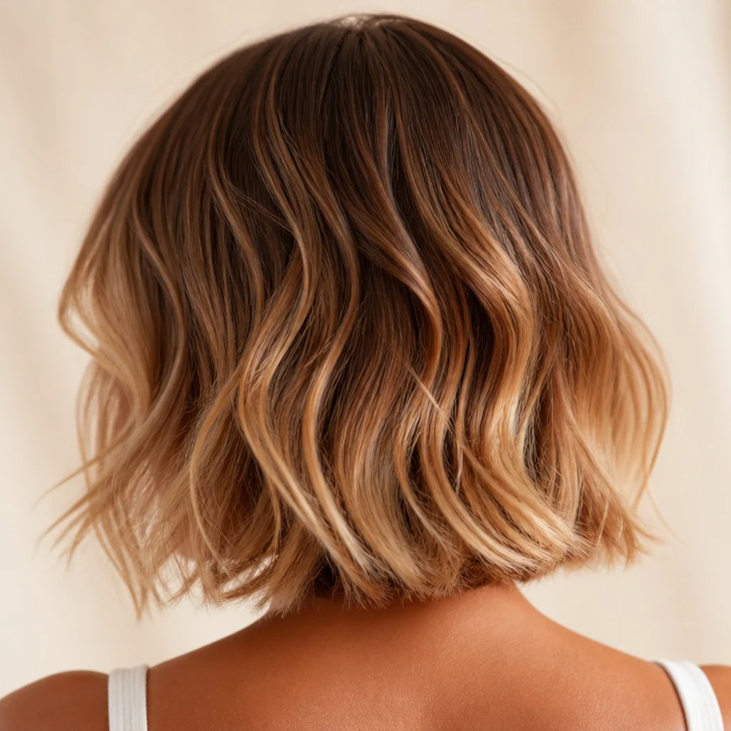 Back view of a golden bronde bob melting from brown roots into blonde-brown ends