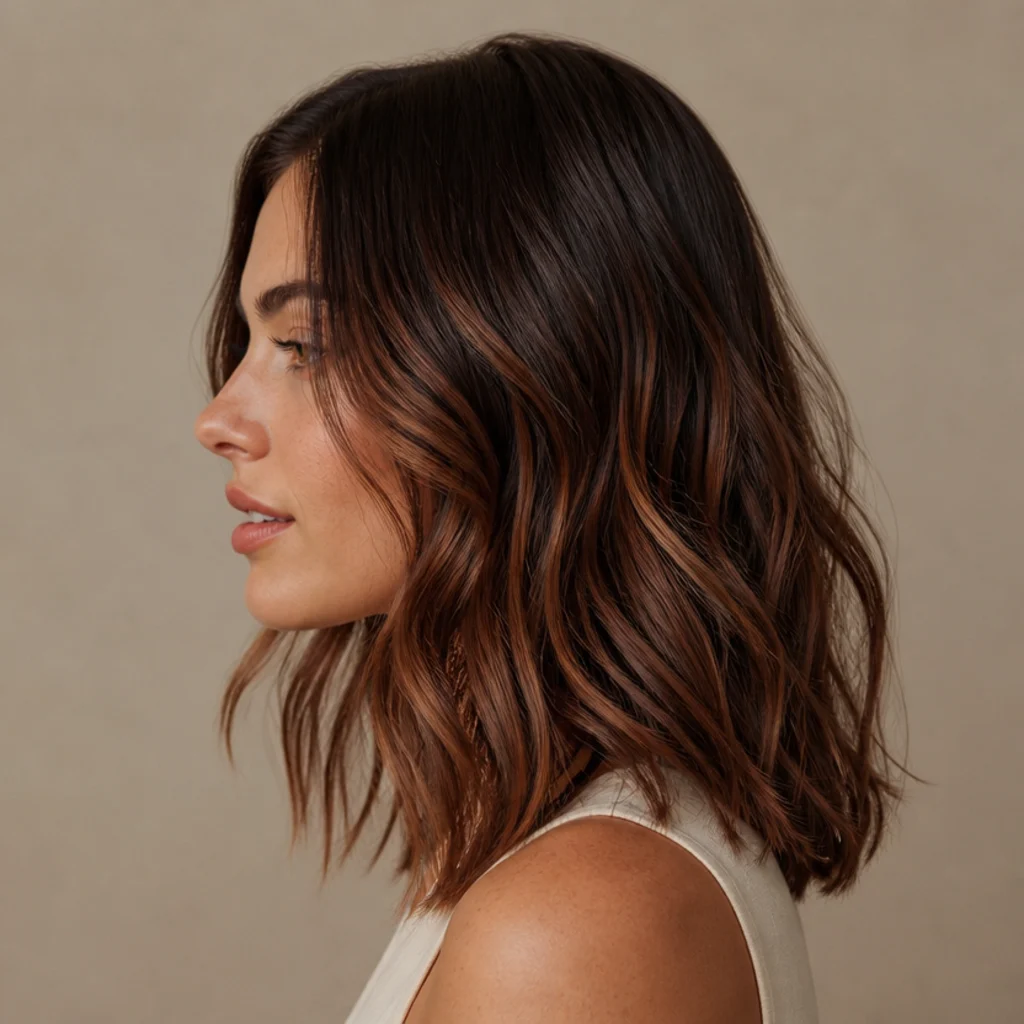 Side view of a longer chestnut lob with reddish-brown ribbons catching the light