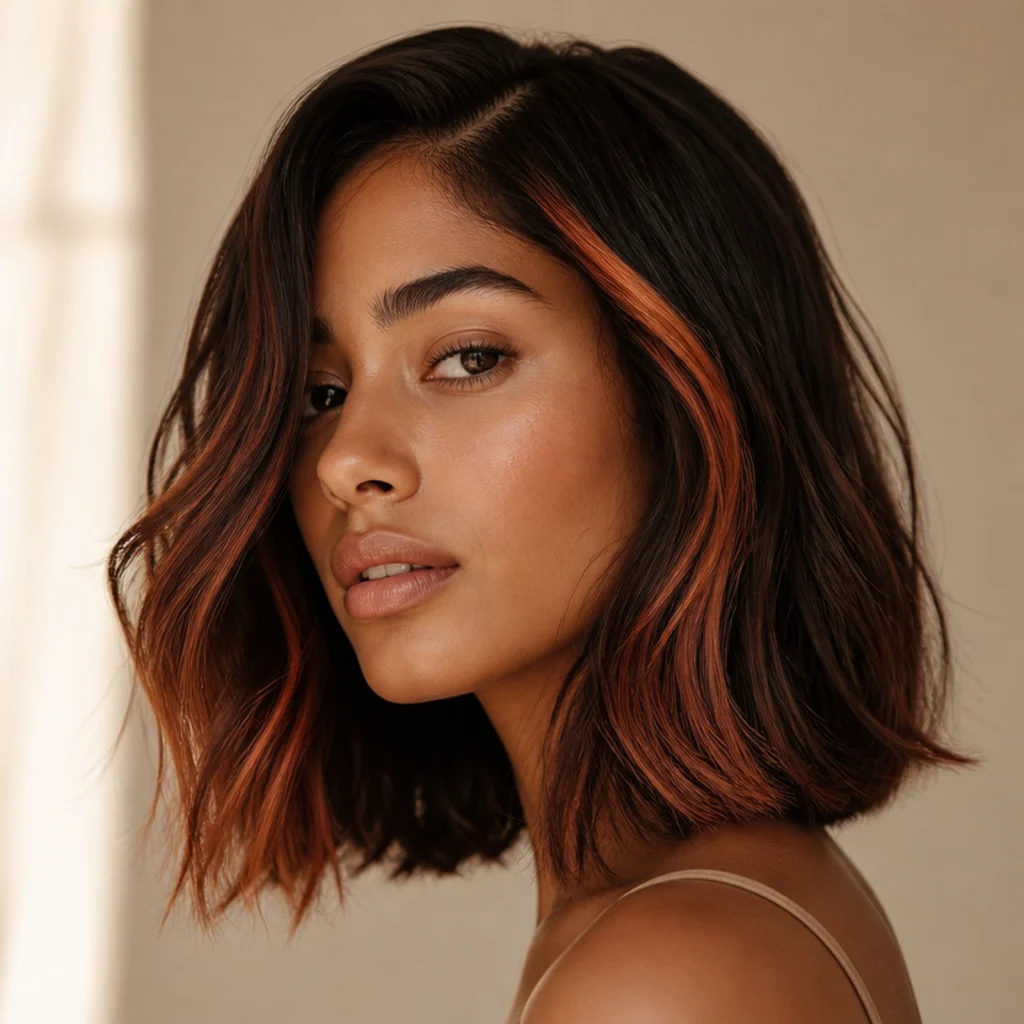 Three-quarter view of a brunette bob with warm copper highlights threaded through