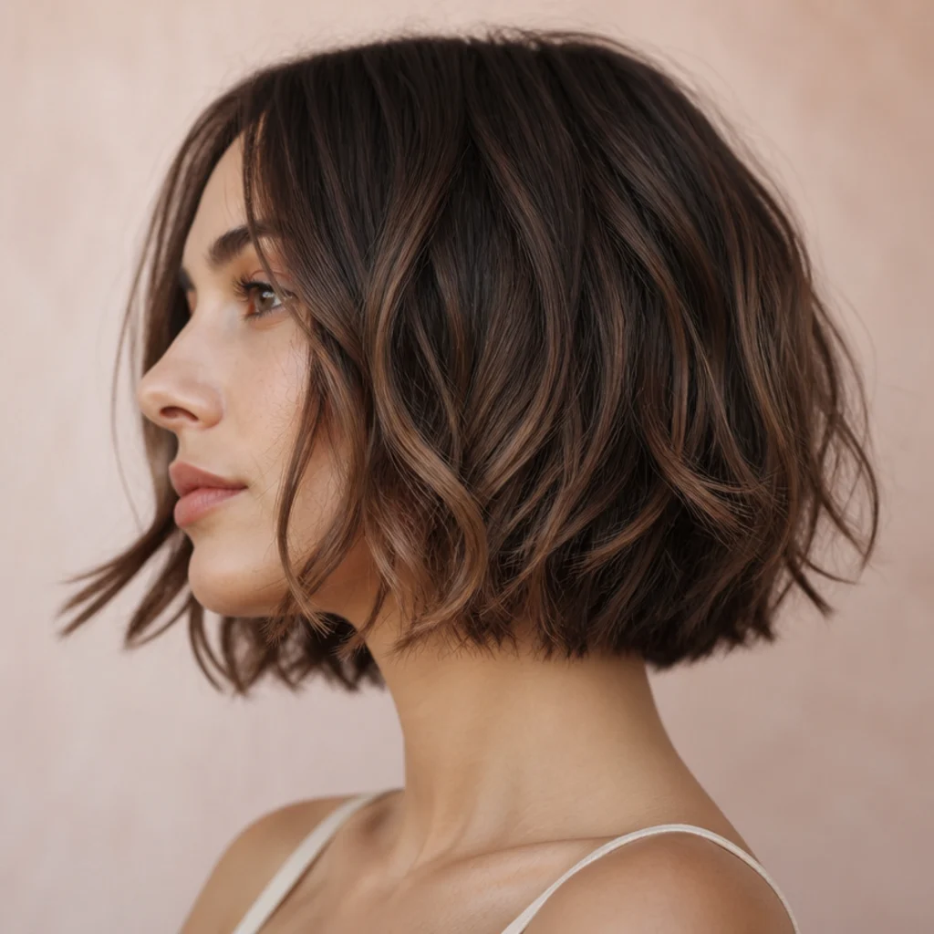 Side profile of a smoky cocoa bob with hand-painted balayage and a soft root shadow
