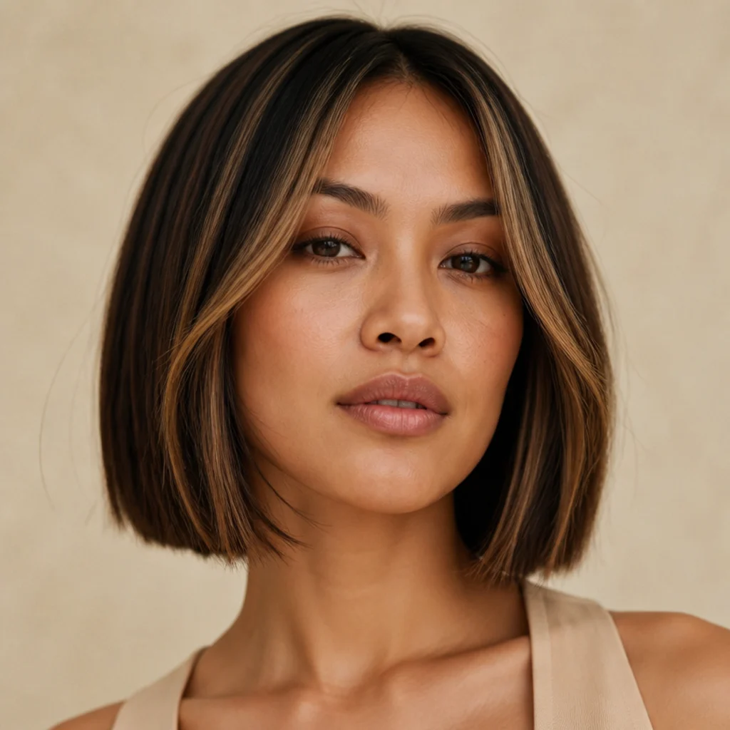 Front view of a blunt bob with honey face-framing pieces and a deep brown base