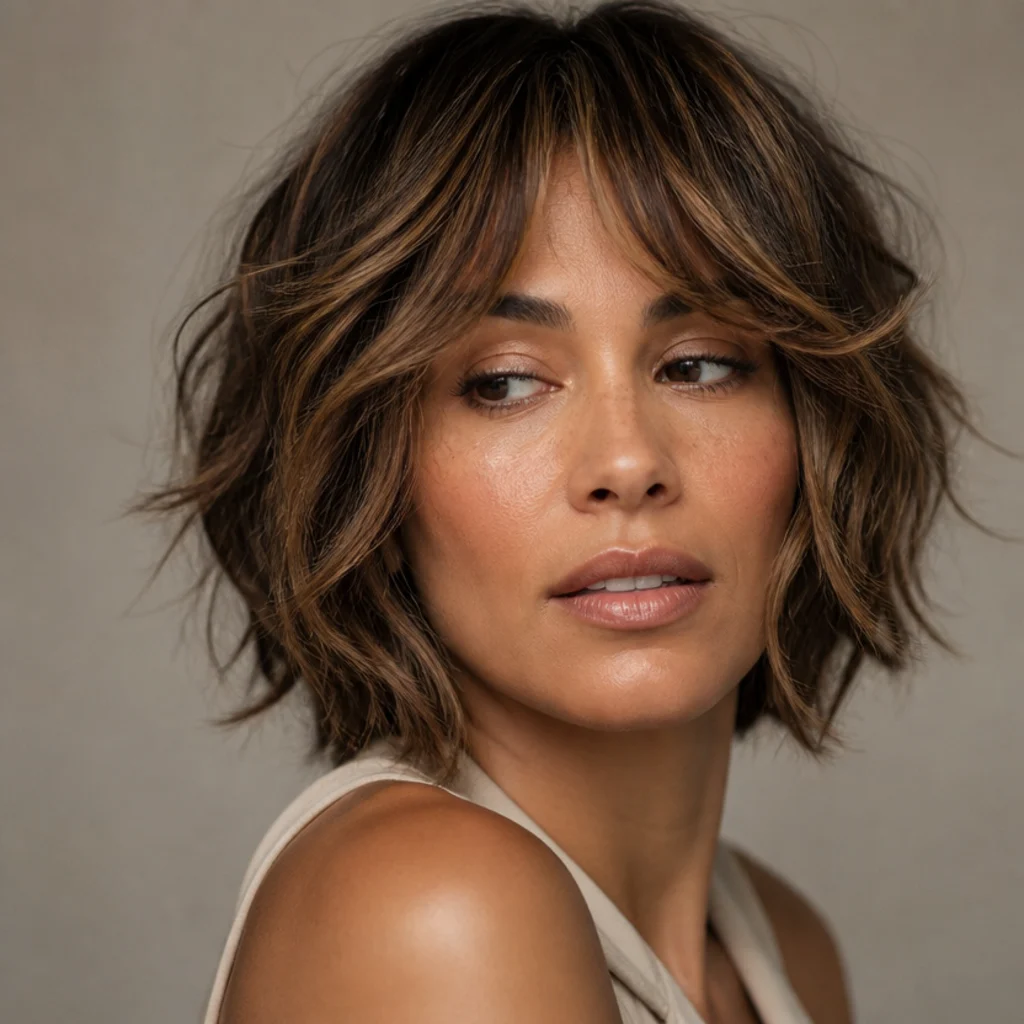 Three-quarter view of a textured shag bob with multiple caramel and cocoa tones through the layers