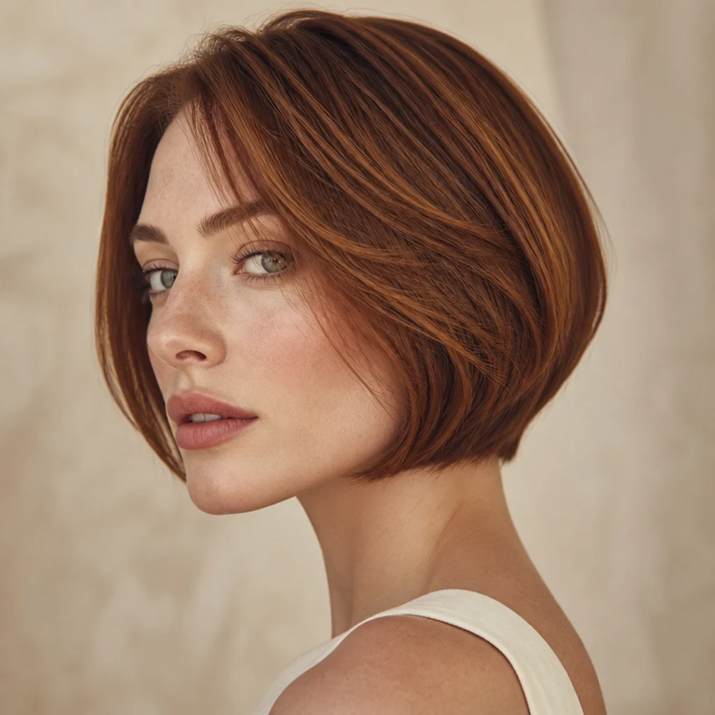 Side view of a warm auburn-brown bob with red-gold depth through a deep base