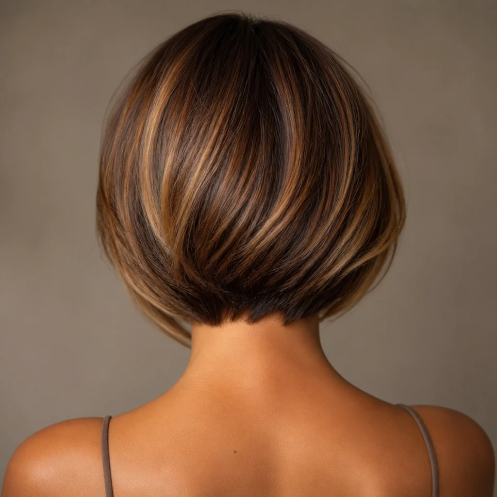 Back view of a tortoiseshell bob blending chocolate, caramel and honey like tortoise shell