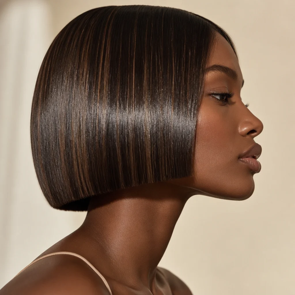 Side profile of a glossy mocha glass bob with high shine and subtle tonal depth