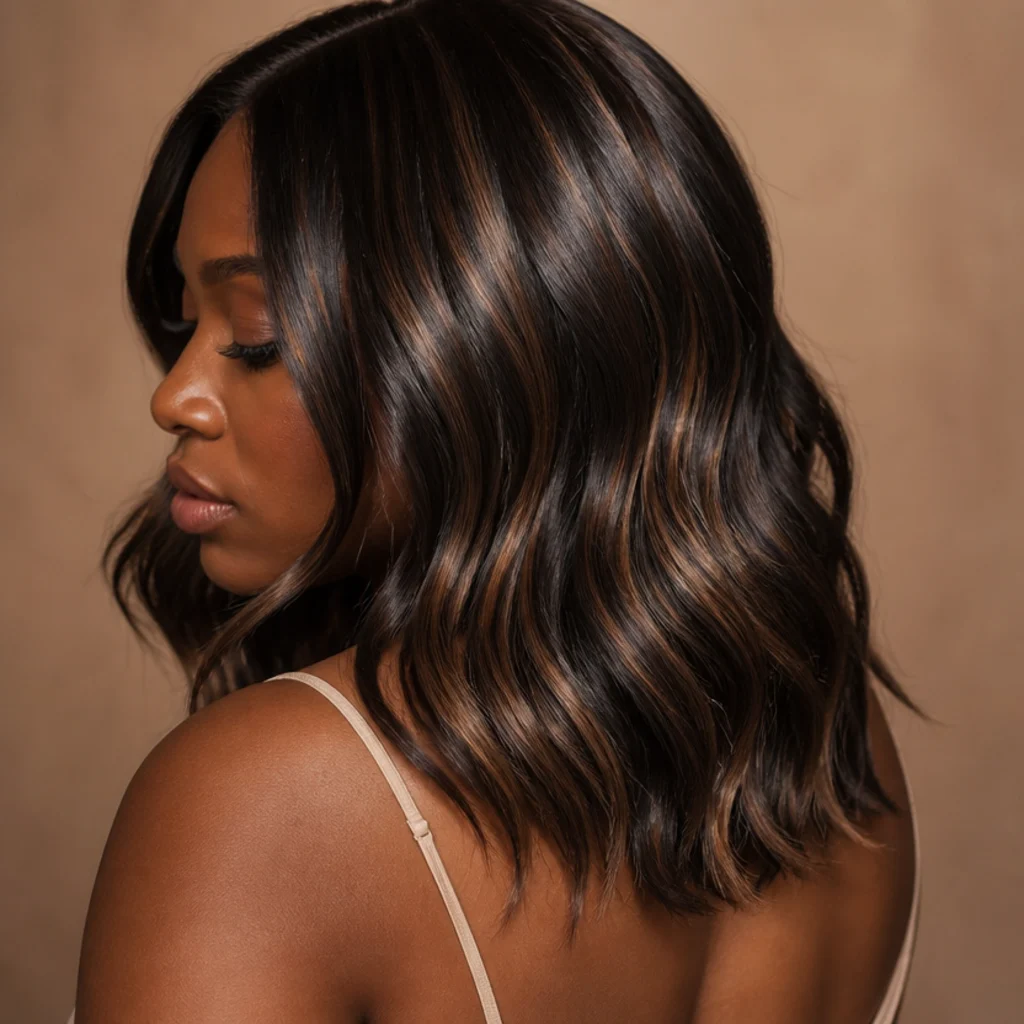 Back-and-side view of dark espresso hair threaded with fine warm chestnut ribbons, glossy loose waves catching soft studio light on a taupe backdrop