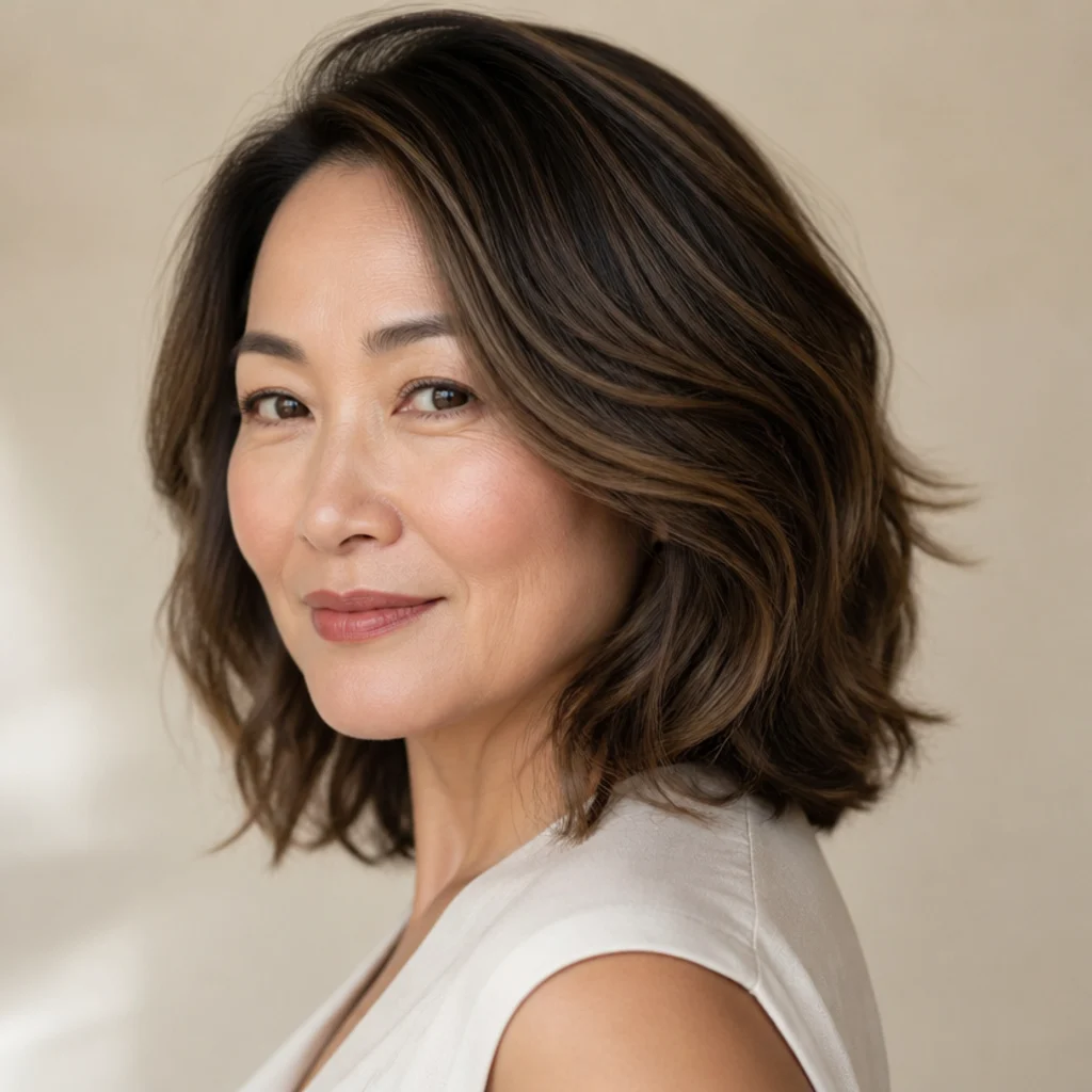 Three-quarter portrait of soft dimensional brunette balayage, gently blended cool-brown sweeps on shoulder-length waves, natural skin texture, ivory background