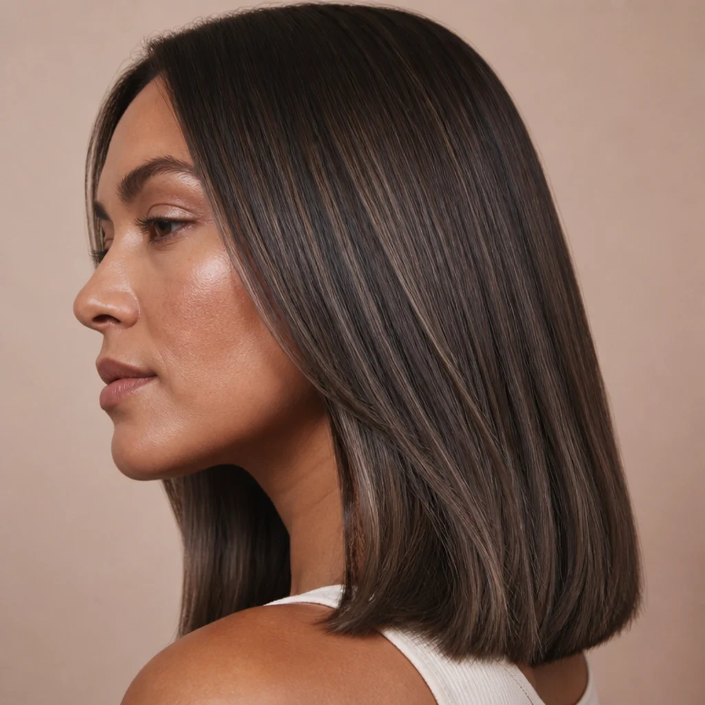 Side profile of cool mocha brown hair with ashy lowlights woven through straight mid-length strands, matte-soft studio lighting, muted blush backdrop