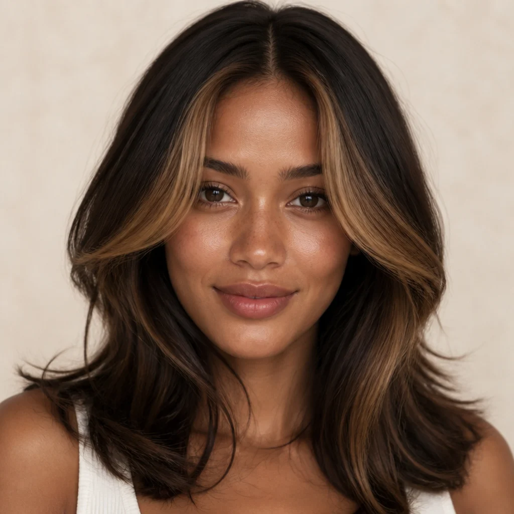 Front-facing portrait of dark brown hair with a soft caramel money piece framing the face, center part, glossy blowout, warm ivory studio background