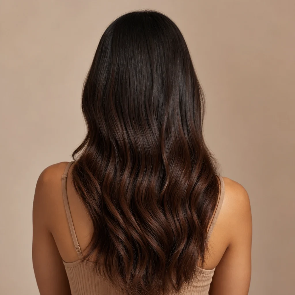 Back view of warm chocolate brown hair in a smooth color melt from deep roots to slightly warmer ends, long loose waves, soft diffused light, taupe backdrop