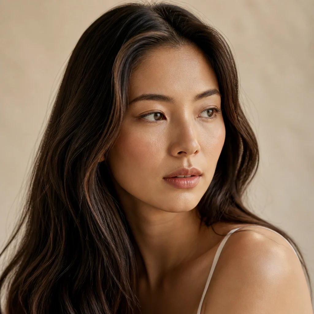 Three-quarter view of dark brunette hair with subtle fine highlights placed around the crown and hairline, natural movement, soft studio light, ivory background