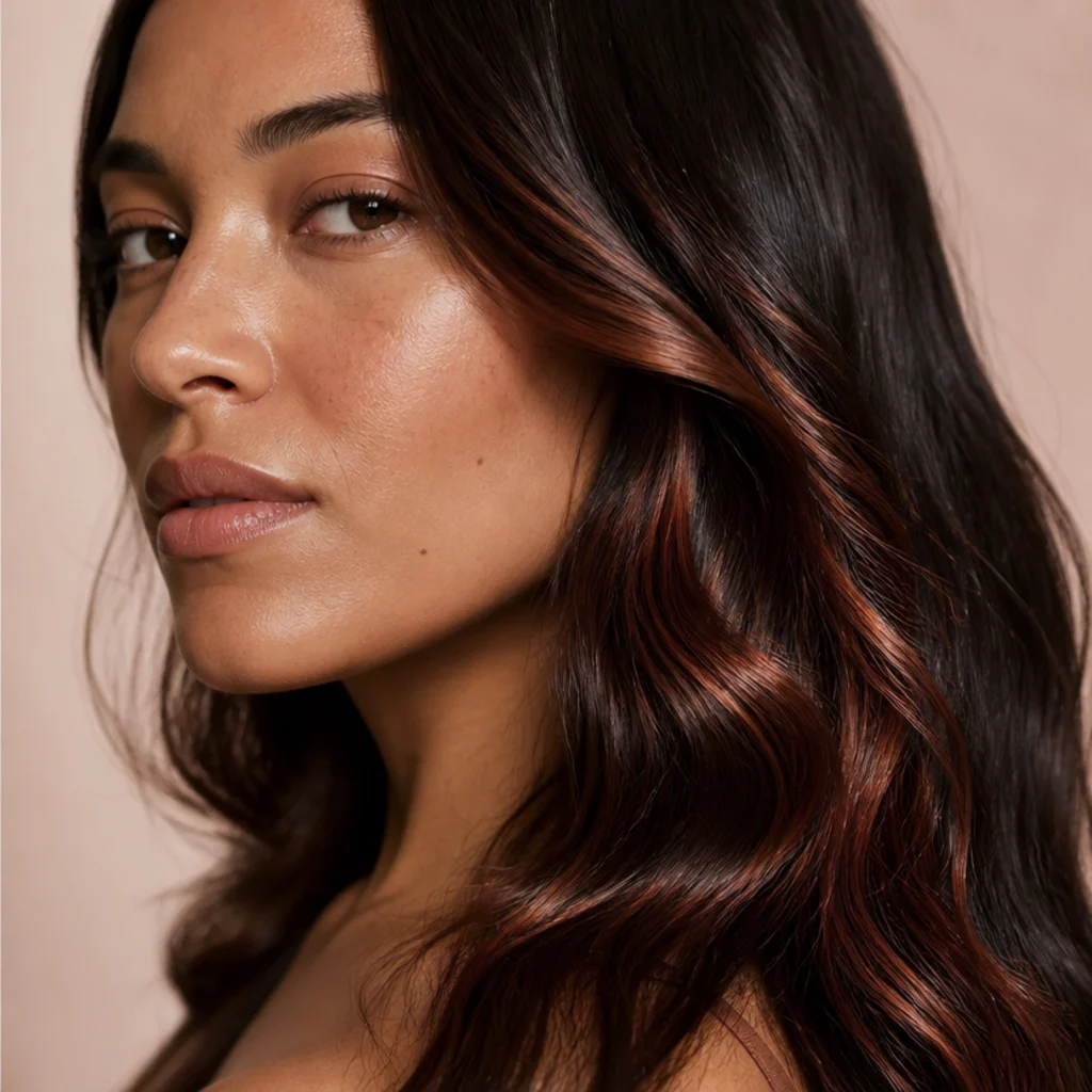 Side-angle portrait of dark brunette hair warmed with cinnamon-toned ribbons, glossy waves, warm skin tones, soft blush studio backdrop