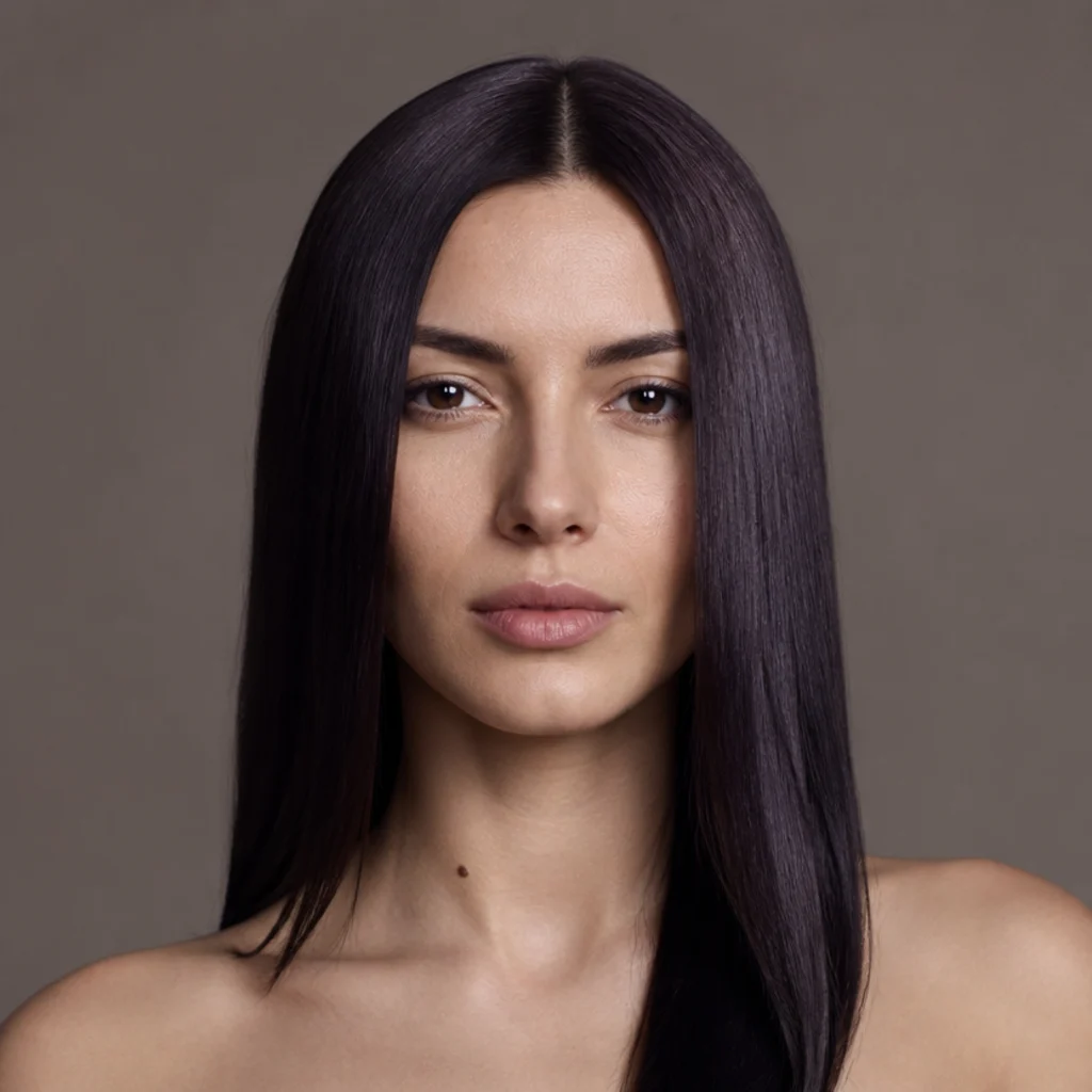 Front-facing portrait of smoky dark brunette hair with a cool violet undertone, sleek straight styling, even studio lighting, muted taupe background