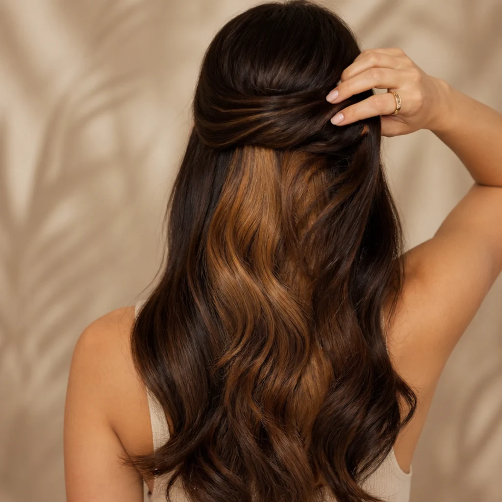 Back view of dark roast brown hair lifted to reveal a hidden caramel underlayer, half-up styling, glossy waves, soft diffused light on ivory backdrop