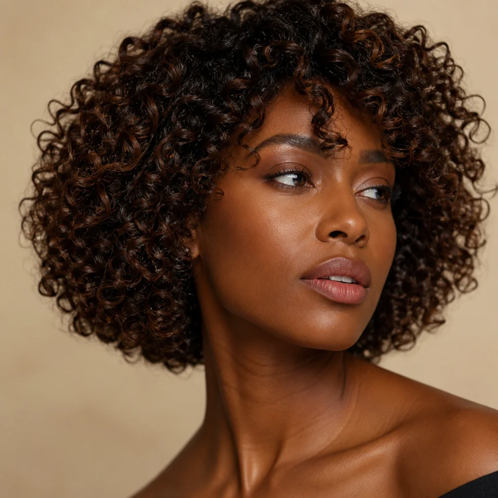 Three-quarter portrait of defined espresso curls with subtle warm chestnut dimension through the coils, natural volume, soft studio light, warm ivory backdrop