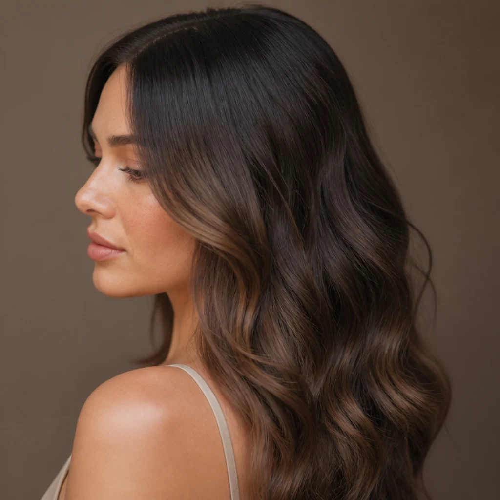 Side view of deep brunette hair with teasylight brightness diffused softly from mid-shaft to ends, natural blend, glossy waves, taupe studio background
