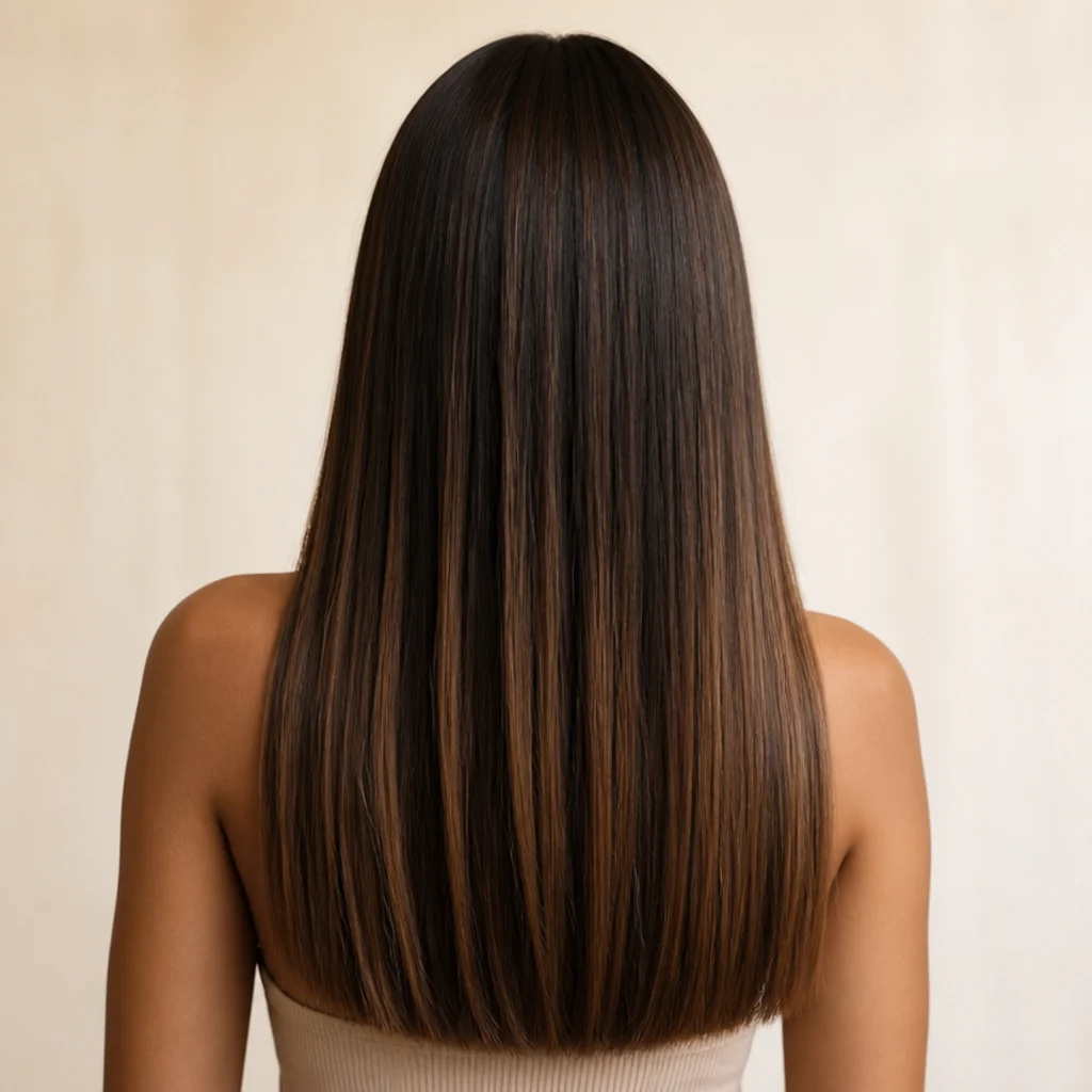 Back view of a long blunt haircut in dark brown with chestnut balayage sweeping through the lengths, sharp hemline, glossy finish, ivory studio backdrop