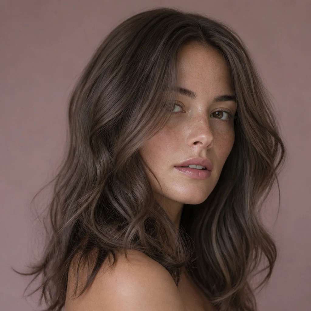 Three-quarter portrait of mushroom brown hair blending cool taupe and deep brunette tones, soft waves, natural skin texture, muted blush studio background