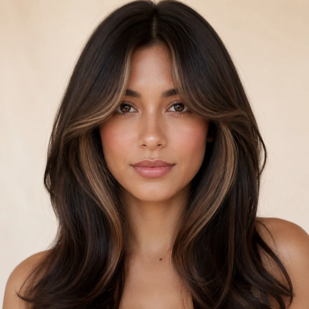 Front-facing portrait of dark brunette hair with curtain bangs framed by soft warm brightness, center part, glossy blowout, warm ivory studio backdrop