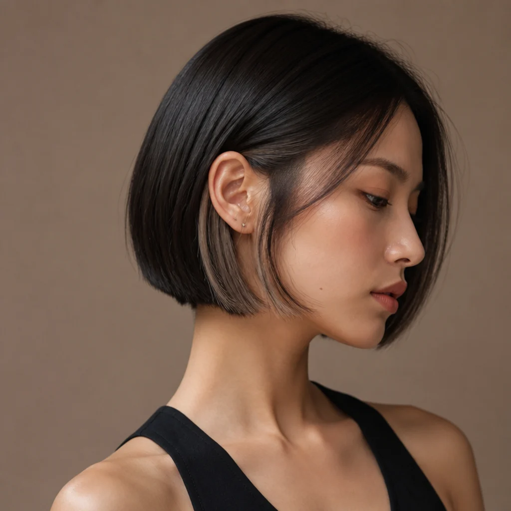 Side view of a chin-length espresso bob with cool peekaboo lights tucked under the top layer, sharp glossy finish, even studio lighting, taupe background