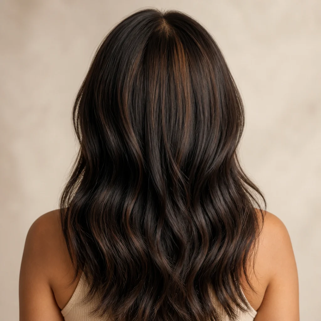 Back view of dark brunette hair with a warm toffee root smudge melting into deeper lengths, long loose waves, soft diffused light, ivory studio backdrop