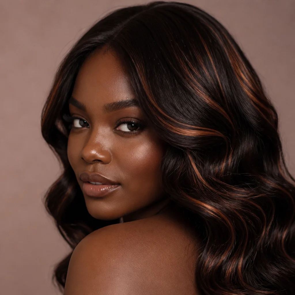 Three-quarter portrait of dark chocolate hair threaded with copper ribbons that glow in the light, glossy waves, warm skin tones, muted blush studio background