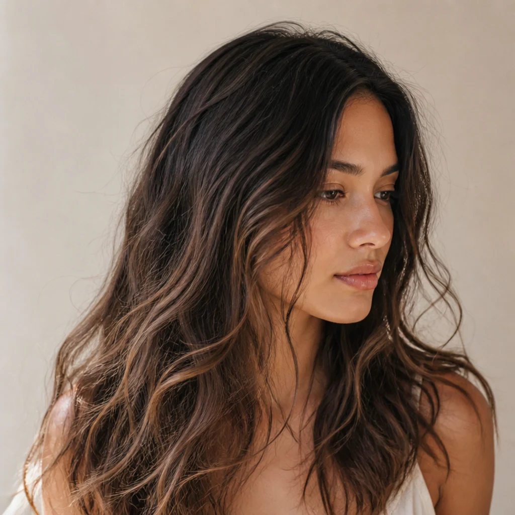 Side-angle portrait of dark brunette hair with naturally placed sun-grown brightness heavier at the ends, effortless waves, soft studio light, ivory background
