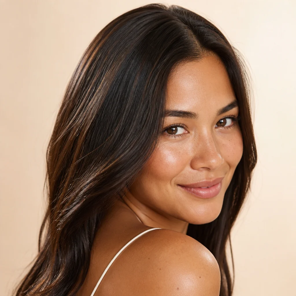 Three-quarter portrait of glossy espresso hair with delicate baby highlights woven fine through the surface, sleek shine, even studio lighting, warm ivory background
