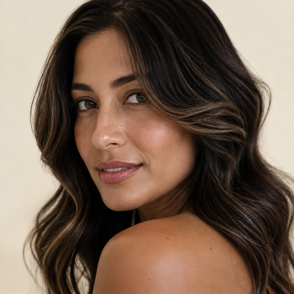 Three-quarter studio portrait of a brunette model with dark dimensional brown hair, soft face-framing highlights, and glossy loose waves against a warm ivory backdrop