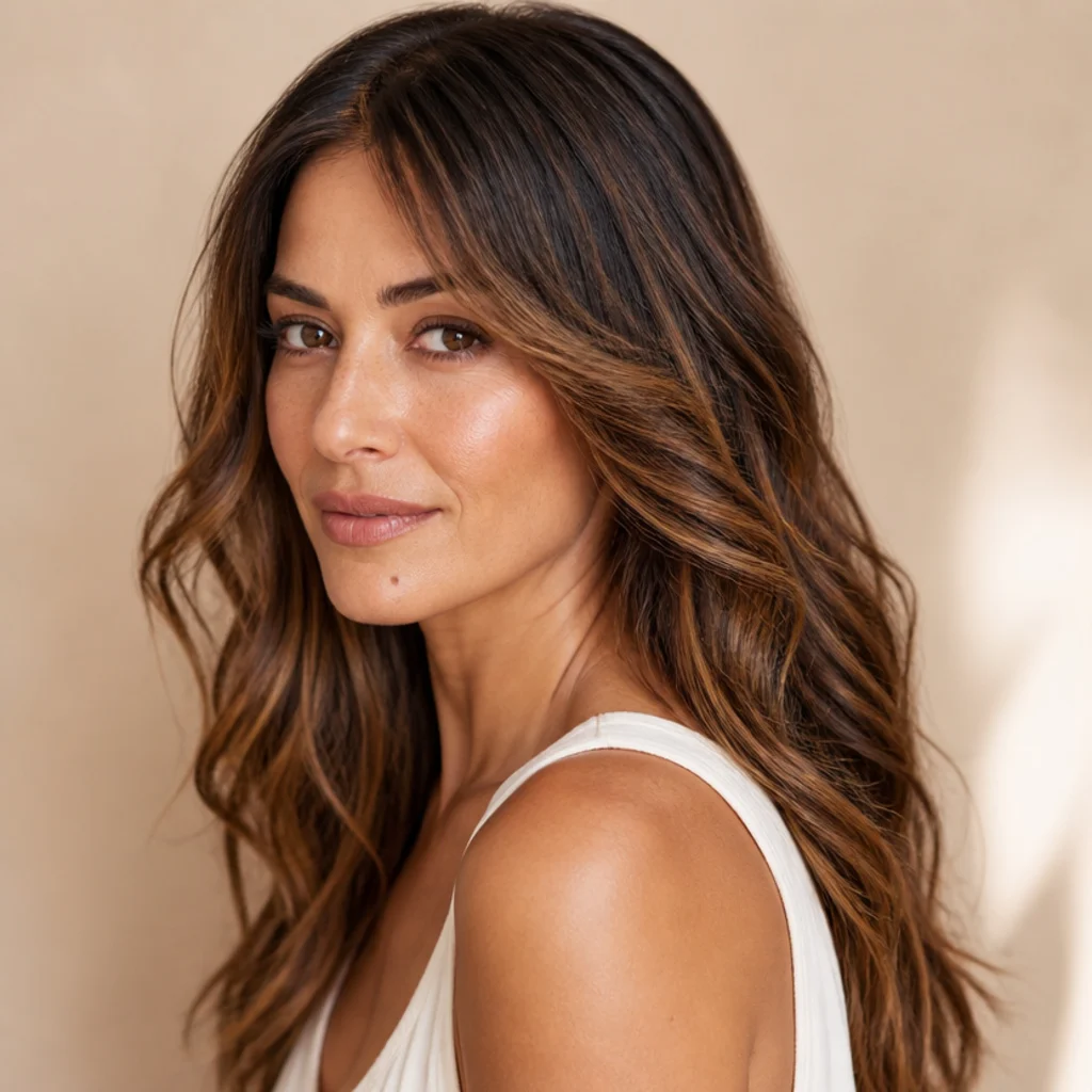 Brunette model with multi-tonal chestnut and caramel balayage photographed at a three-quarter angle in soft studio light