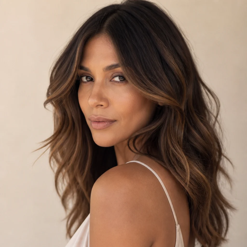 Three-quarter view of medium-brown hair painted with soft caramel ribbons through mid-lengths and ends
