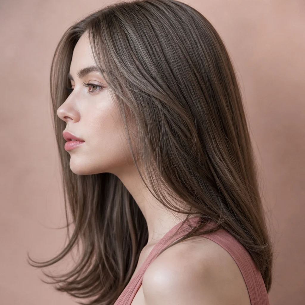 Side profile of cool-toned brown hair with muted taupe and ash mushroom lowlights