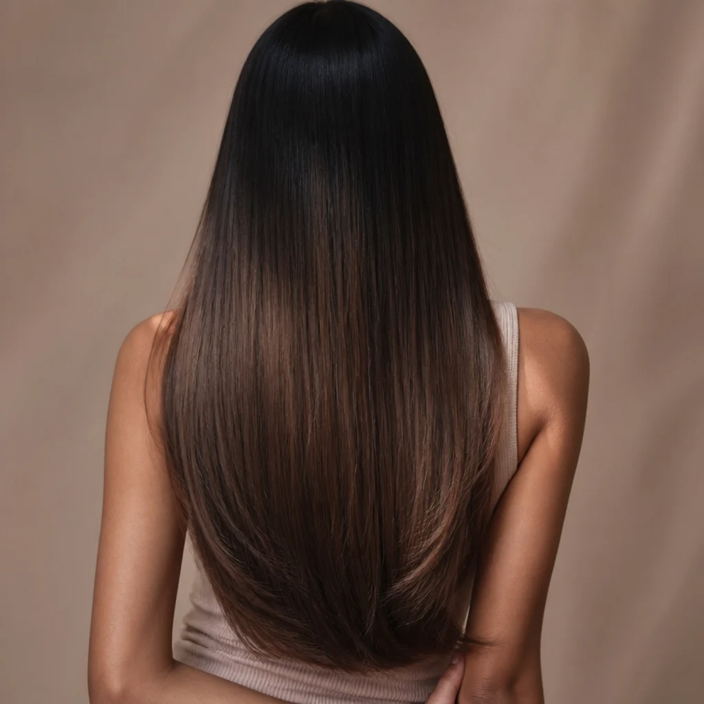 Back view of long hair melting from espresso roots into a soft cool mocha through the lengths