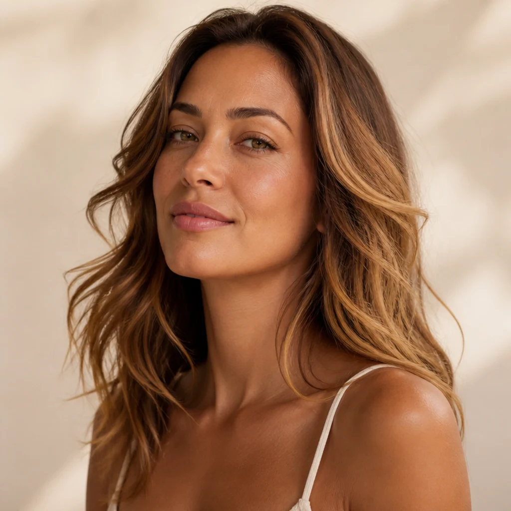 Three-quarter view of warm brunette hair blended with golden honey bronde tones around the face